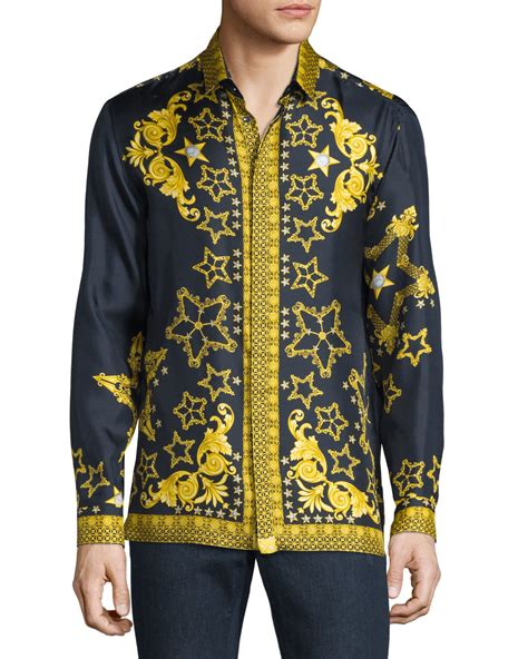 blue and white long sleeve shirt versace|Versace long sleeve shirt men.